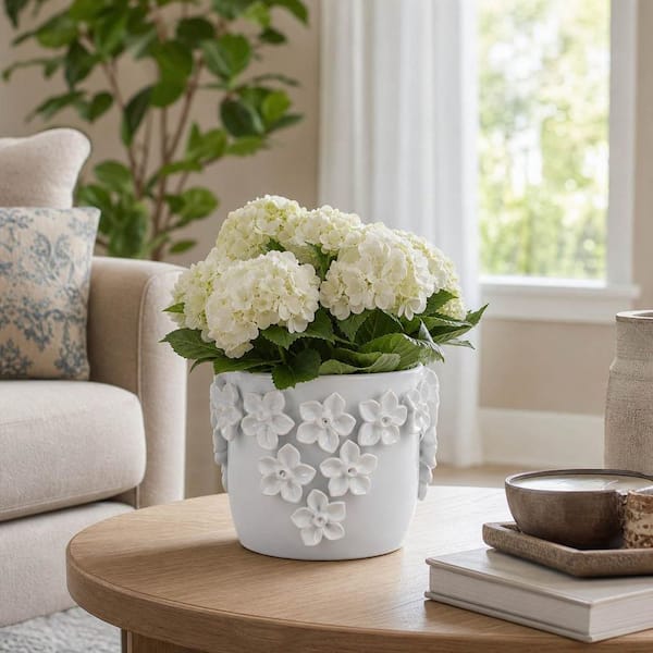 White Ceramic Floral Applique Raised 3D Decorative Planter (7 in. W x 7 in. H)
