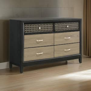 Black, Brown and Silver 6-Drawer 58 in. W Dresser without Mirror