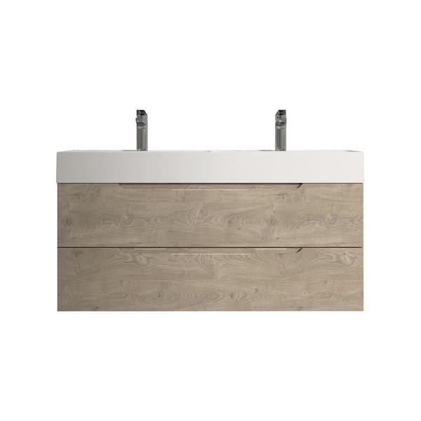 Combo-T 48 in. Double Evita Oak Bath Vanity Wall-Mounted Floating Vanities with Gloss White Resin Stone Top 2-Drawers
