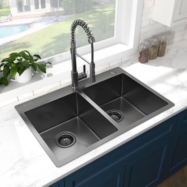 33 in. Drop-In Double Bowl 18 Gauge Gunmetal Black Stainless Steel Kitchen Sink with Black Spring Neck Faucet