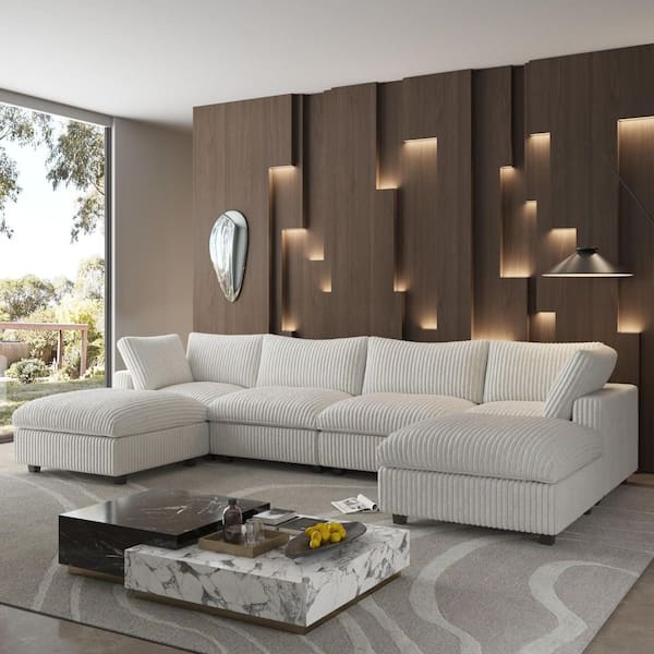 J&E Home 157.48 in. Square Arm 6-Piece Rabbit Velvet Plush Modular Free Combination Sectional Sofa with Ottoman in White