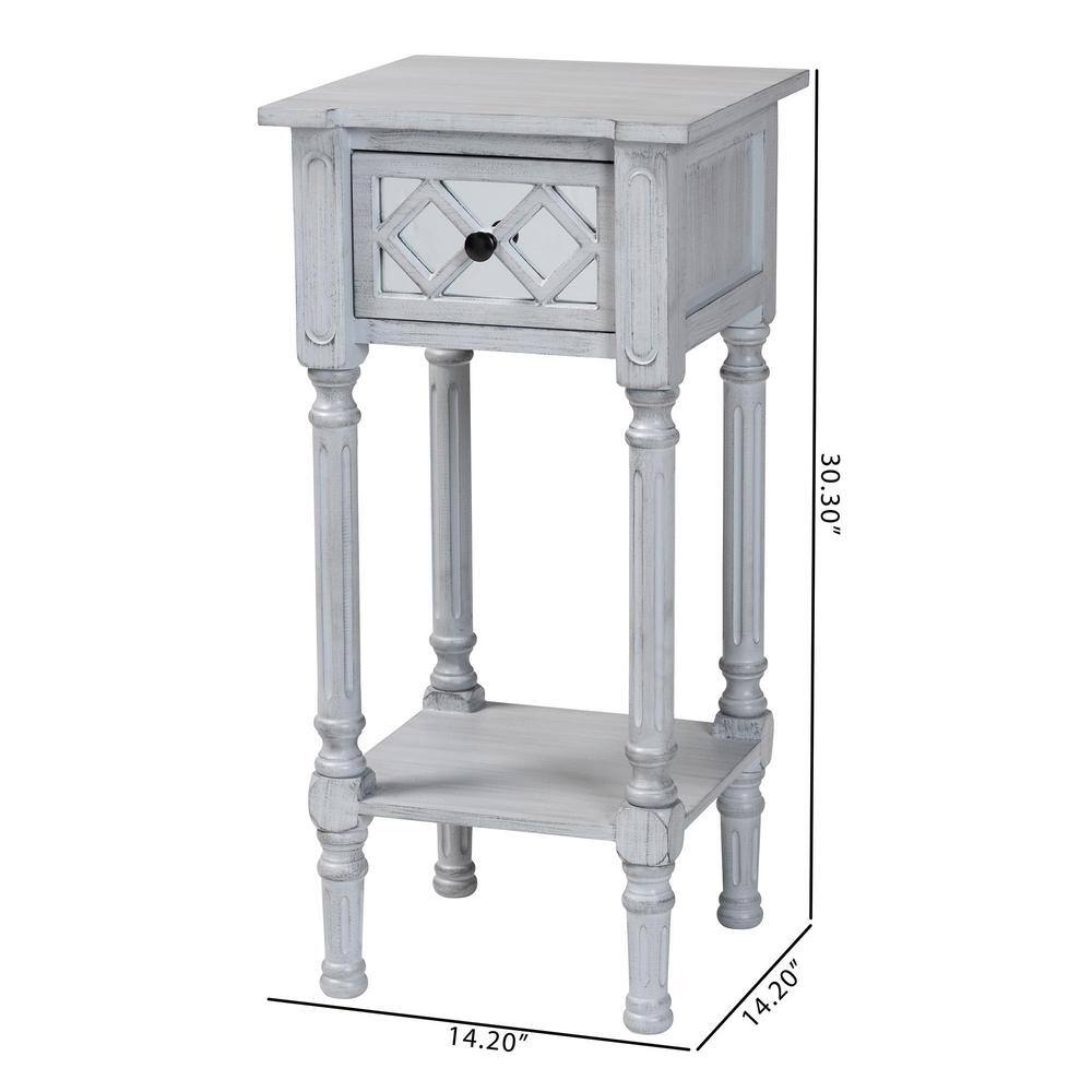 Gray Wood Accent Table with Mirrored Drawer and Storage Shelf