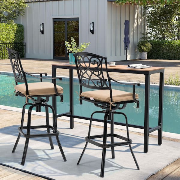 Antique Swivel Cast Aluminum Outdoor Bar Stool with Sunbrella Beige Cushion (2-Pack)