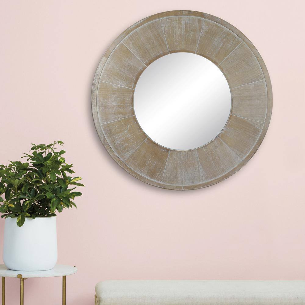 27.5" Round White Wash Wooden Wall Mirror