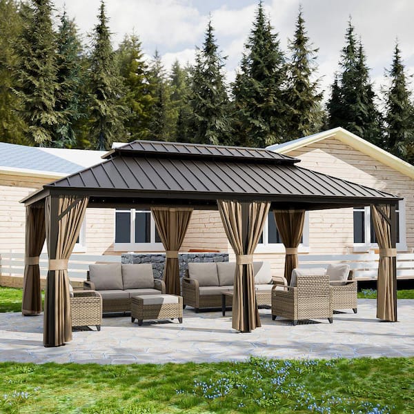 20 ft. x 12 ft. Hardtop Gazebo with Aluminum Frame, Galvanized Steel Double Roof Gazebo with Netting and Curtains, Brown