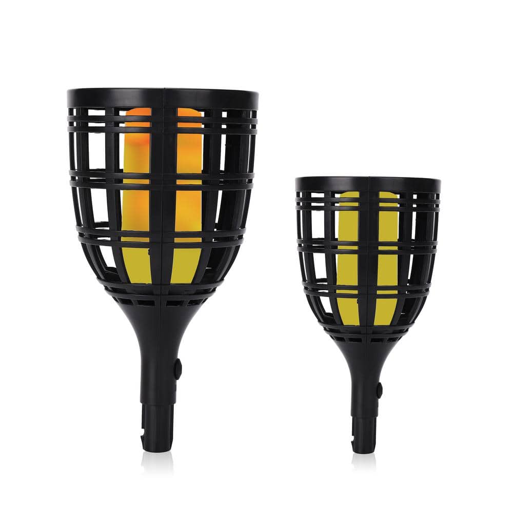 Black Solar LED Pathway Torch Light Pack with Flickering Flame