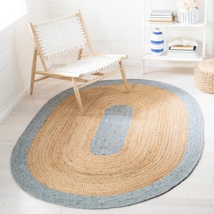 Braided Light Blue/Gold 4 ft. x 6 ft. Oval Solid Border Area Rug