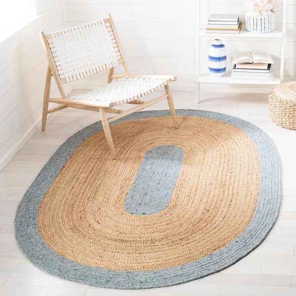 Braided Light Blue/Gold 5 ft. x 7 ft. Oval Solid Border Area Rug
