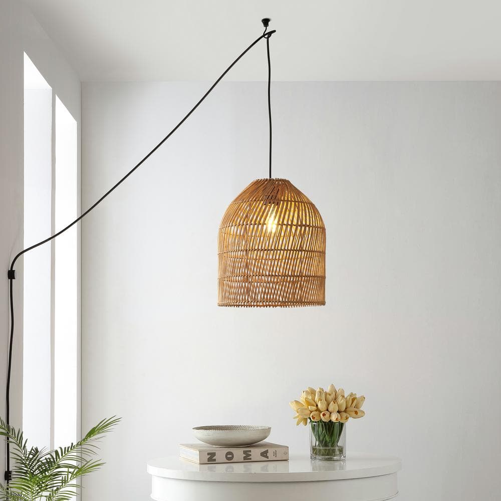 Bohemian Swirl 13" LED Pendant with Adjustable Rattan Shade, Brown