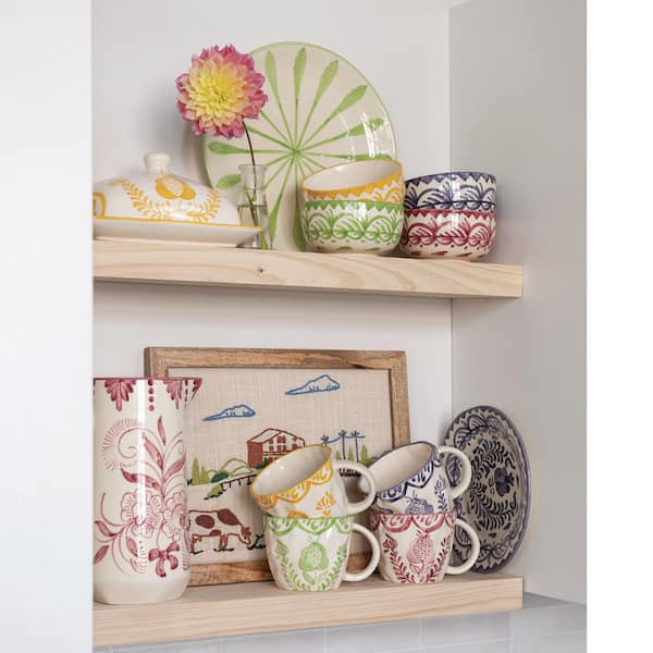 34 fl. oz. Multi-Colored Hand-Painted Stoneware Bowl with Botanical Design (Set of 4)