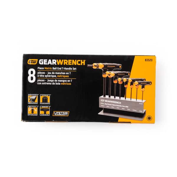 GEARWRENCH 8-Piece Metric T-Handle Ball End Hex Key Set – Alloy Steel With Comfort Grip And 25° Access (83520)