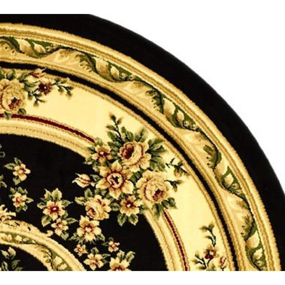 8' Round Black and Ivory Floral Synthetic Area Rug
