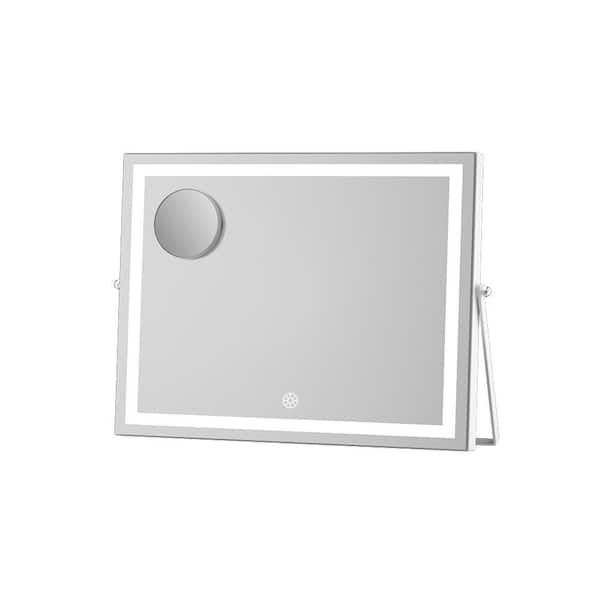 White 14 in W x 11 in. H Rectangle Framed LED Makeup Mirror with Bluetooth Speaker Vanity Mirror with Lights