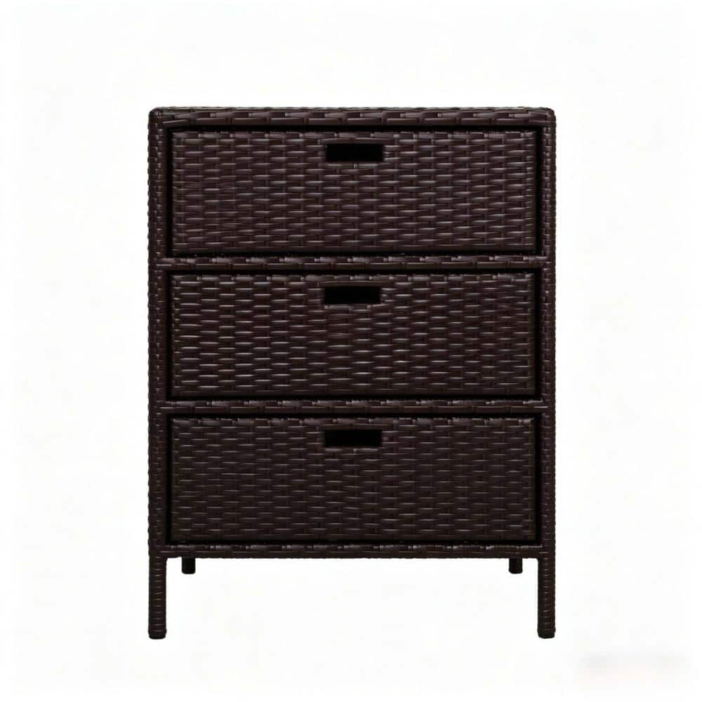 Brown Outdoor Storage Cabinet, 3 Drawers Cabinet Organizer, Weather Resistant Rattan Storage Chest for Backyard