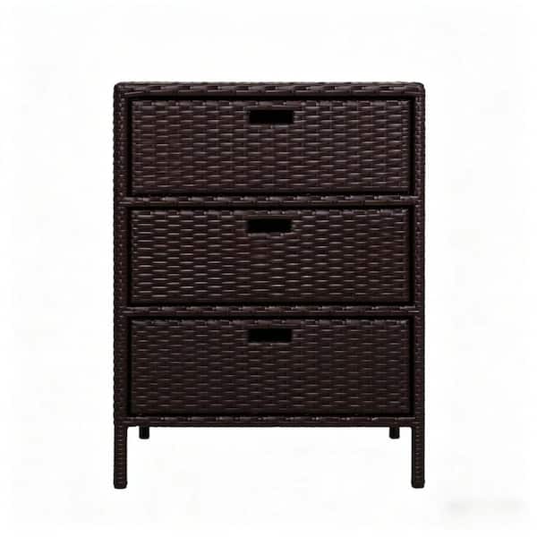 Brown Outdoor Storage Cabinet, 3 Drawers Cabinet Organizer, Weather Resistant Rattan Storage Chest for Backyard