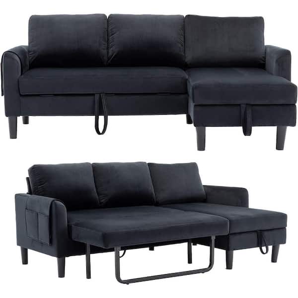 Uixe 72.44 in. Square Arm Velvet Convertible Sleeper Sofa L-Shape Reversible Sectional Sofa in Black with Storage Chaise