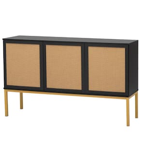 Black Wood 54 in. W Sideboard with Rattan Door and Rebound Device