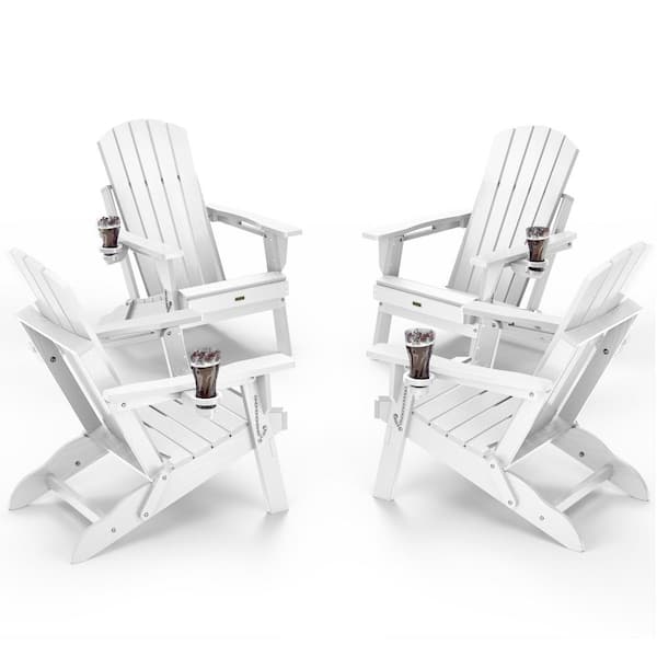 Mximu White HDPE Outdoor Folding Plastic Adirondack Chair with Cupholder(4-Pack)