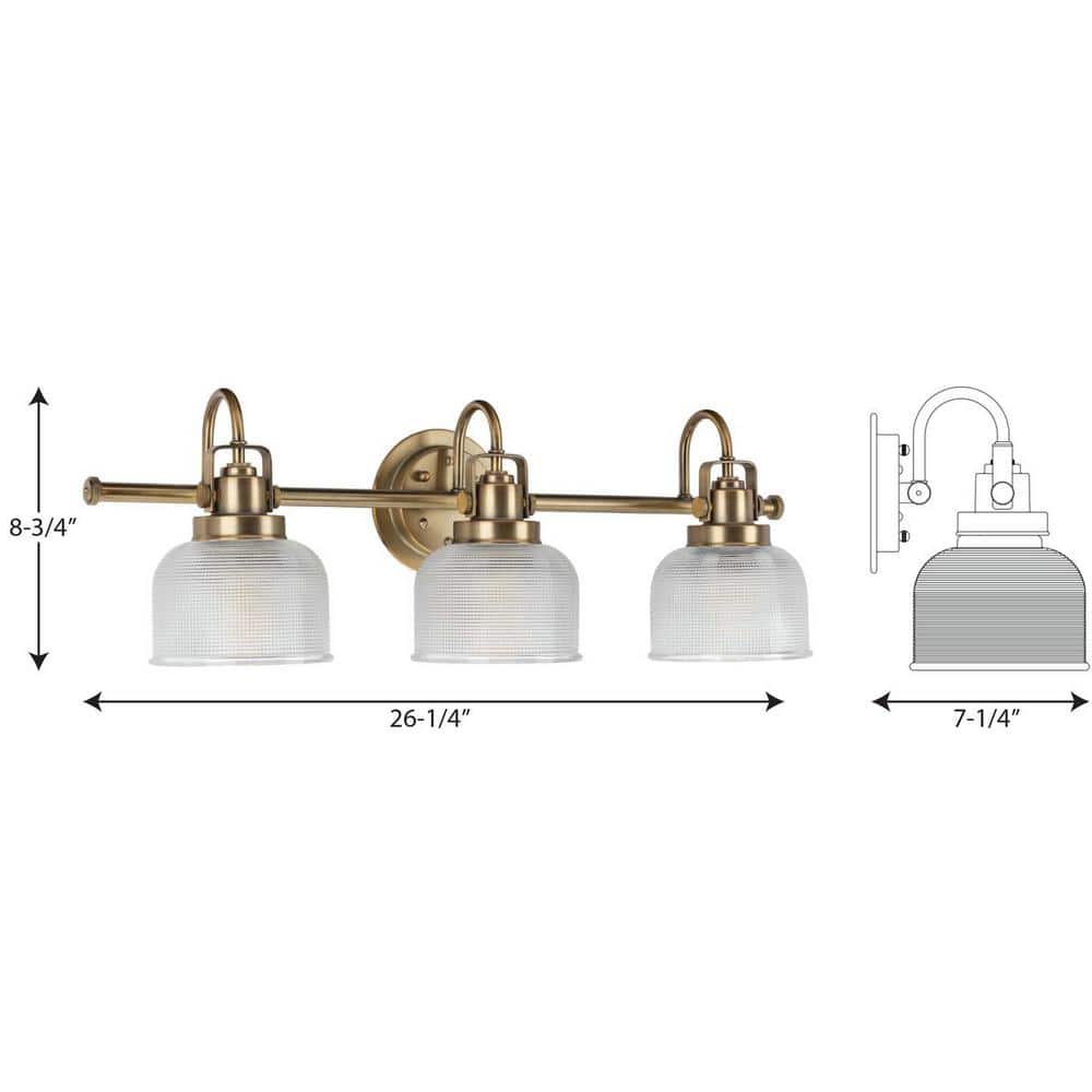 Archie Vintage Brass 3-Light Bathroom Vanity with Prismatic Glass Shades