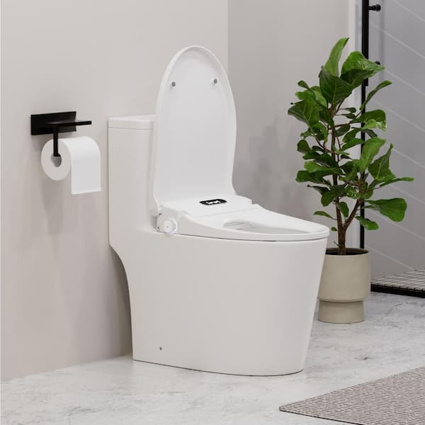 Electric Bidet Seat for Elongated Toilets in White with LED Display and Remote Control