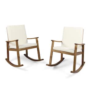 Candel Teak Brown Wood Outdoor Rocking Chair with Cream Cushions (2-Pack)