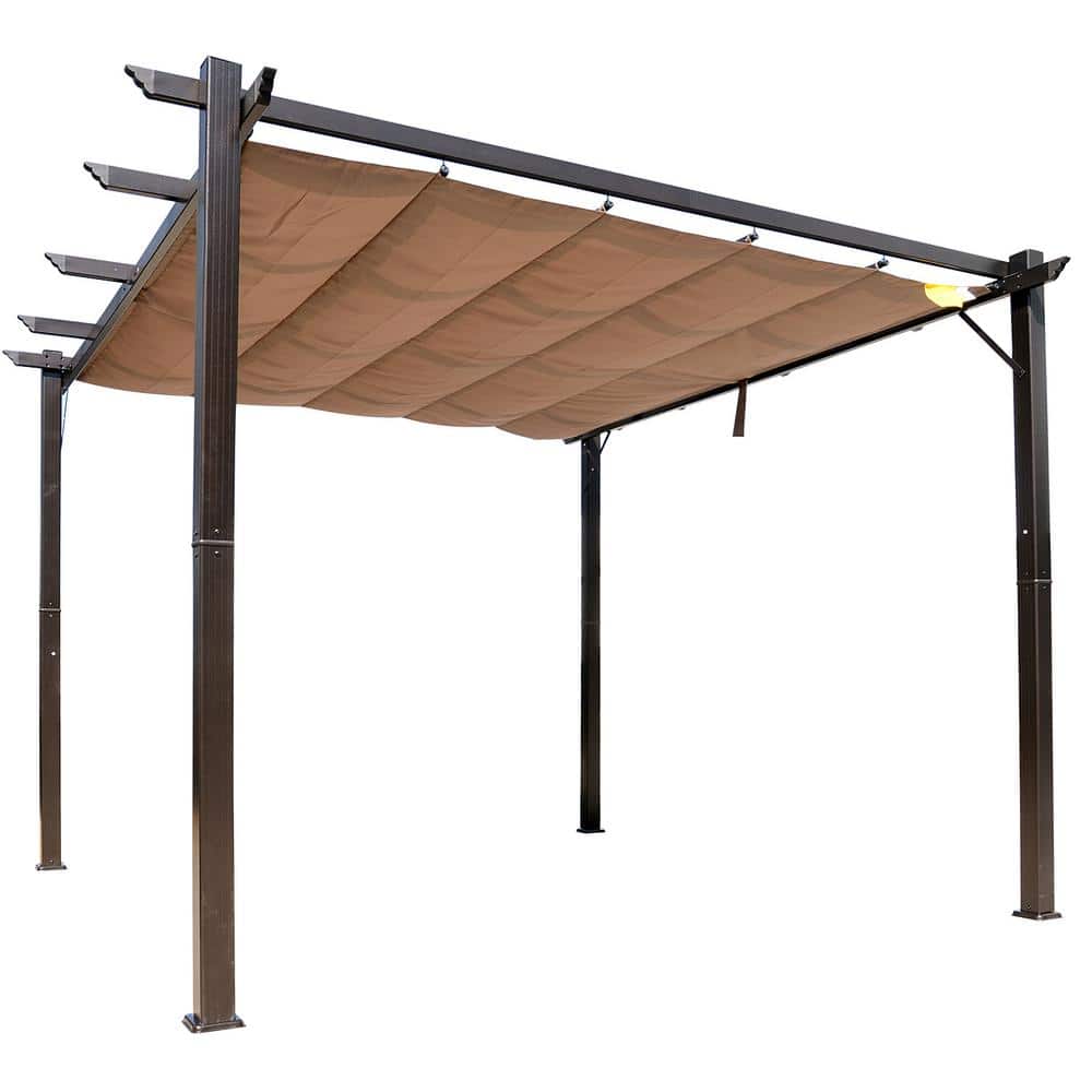 10 ft. x 10 ft. Brown Aluminum Outdoor Retractable Pergola Backyard Shade G
