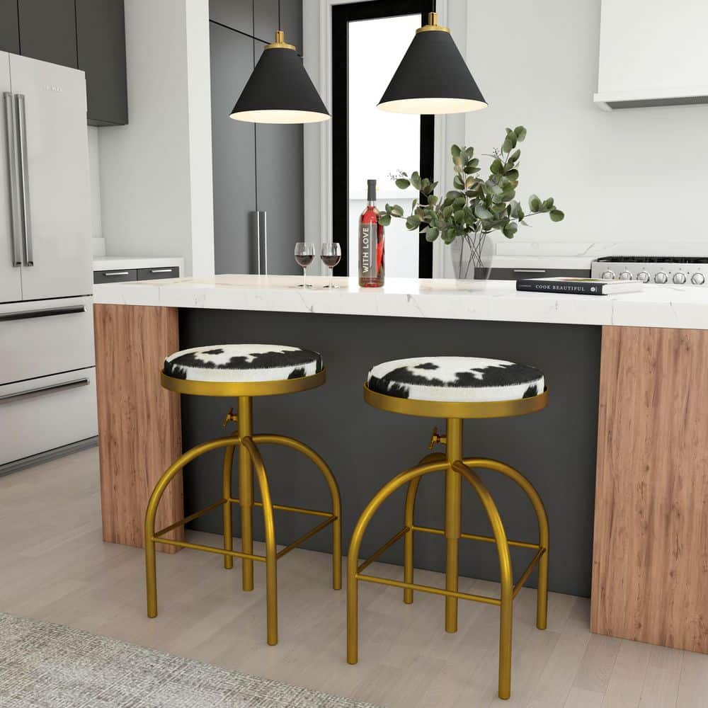 Grogan 26" Black and White Hair-On-Hide Adjustable Metal Counter Stool
