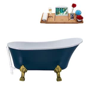 63 in. Acrylic Clawfoot Non-Whirlpool Bathtub in Matte Light Blue With Brushed Gold Clawfeet And Glossy White Drain