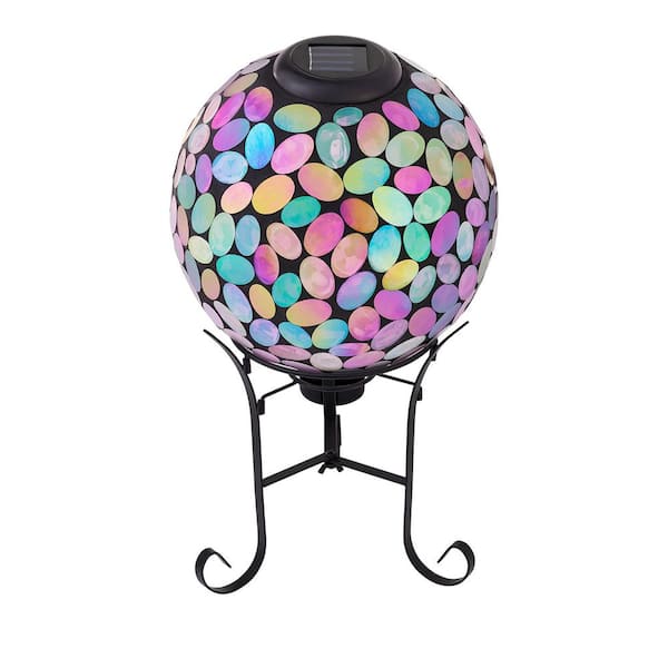 Alpine Corporation 17 in. Tall Solar Powered Pink Glass Mosaic Gazing Ball with LED Lights