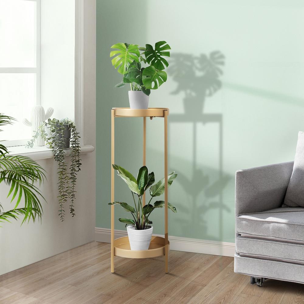 Golden 2-Tier Metal Plant Stand with Removable Trays