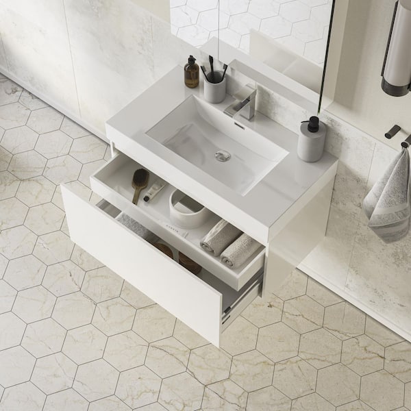 Mezzo 36 in. Vanity in White with Acrylic Vanity Top in White with White Basin and Mirrored Medicine Cabinet