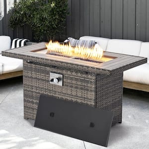 Gray 40 in. 50000 BTU Rectangular Wicker Outdoor Propane Fire Pit Table with Storage Space, Lid and Rain Cover