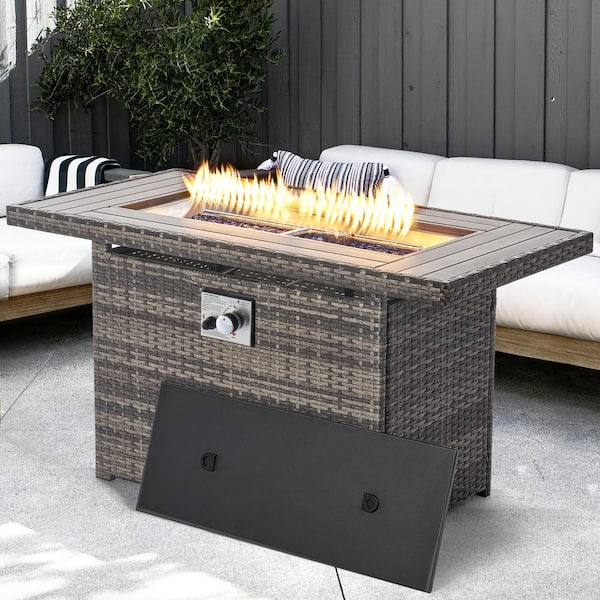 Sizzim Gray 40 in. 50000 BTU Rectangular Wicker Outdoor Propane Fire Pit Table with Storage Space, Lid and Rain Cover
