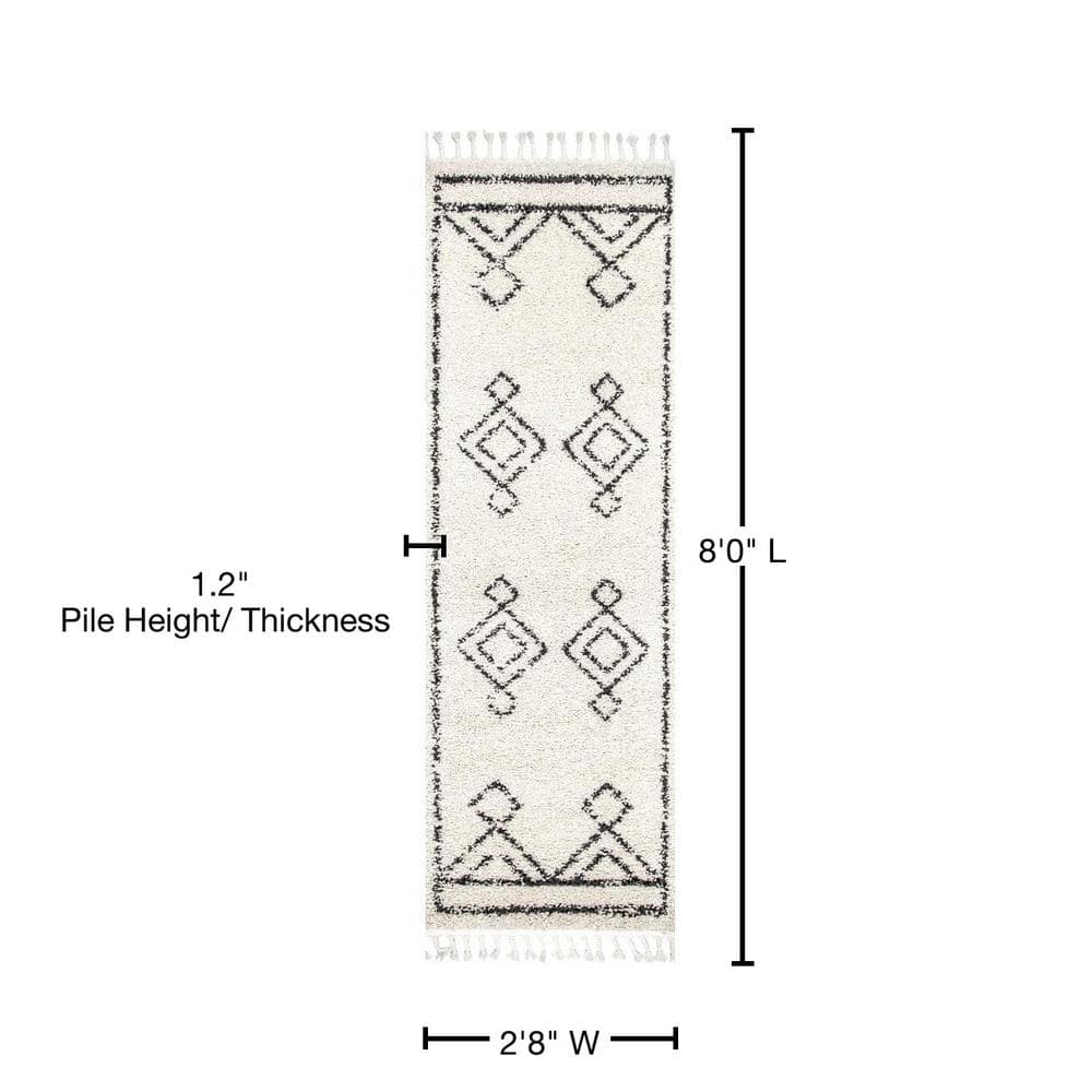 Off-White Moroccan Diamond Shag Runner Rug with Tassels