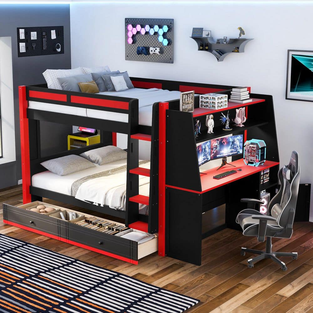 Harper & Bright Designs Red and Black Full Size Multifunctional Bunk ...