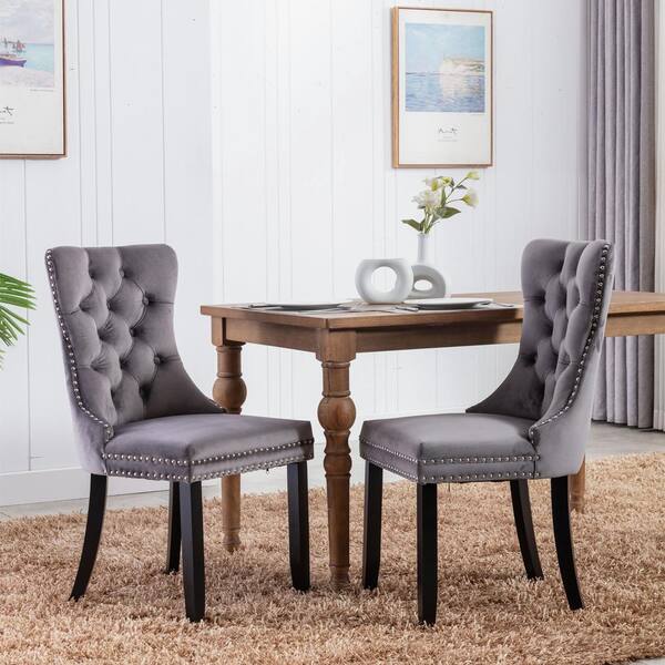 Clihome Gray Nail Head Trim Velvet, Fabric Dining Chairs With Mahogany Legs
