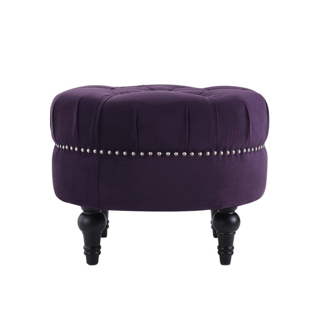 Purple Velvet Tufted Round Ottoman with Nailhead Accents