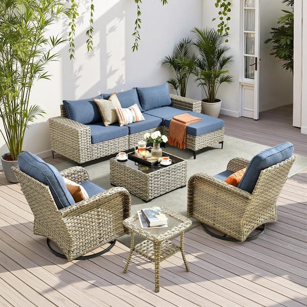 8-Piece Gray Wicker Outdoor Patio Conversation Seating Sofa Set with Denim Blue Cushion and Swivel Chair for Backyard