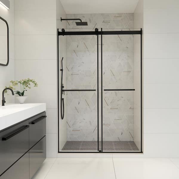 Belizzi 52 in. W x 76 in. H Sliding Frameless Shower Door in Matte Black Finish with Clear Glass