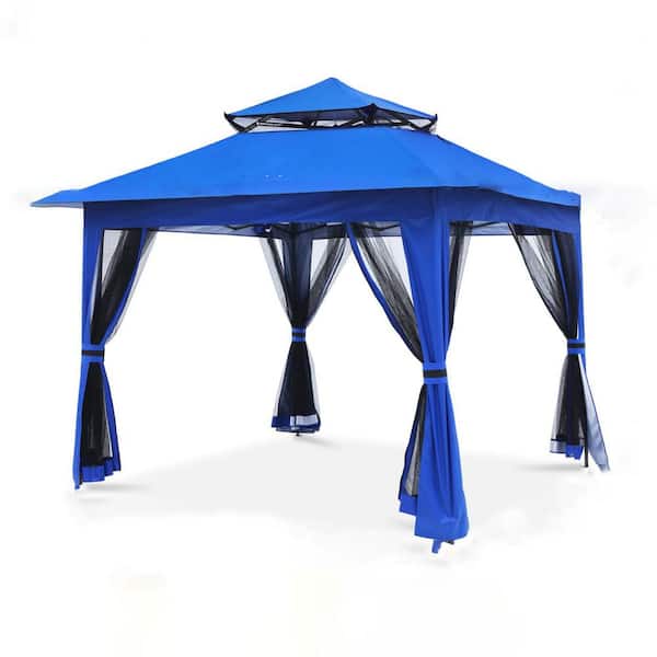 Phewnyzo 13 ft. x 13 ft. Blue Portable Water Resistant Pop Up Gazebo Outdoor Canopy Tent with Mosquito Netting for Patio Garden