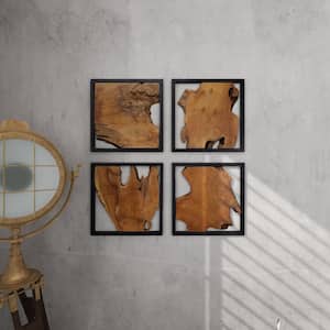 Teak Wood Brown Handmade Live Edge Tree Trunk Abstract Wall Decor with Black Frames (Set of 4)