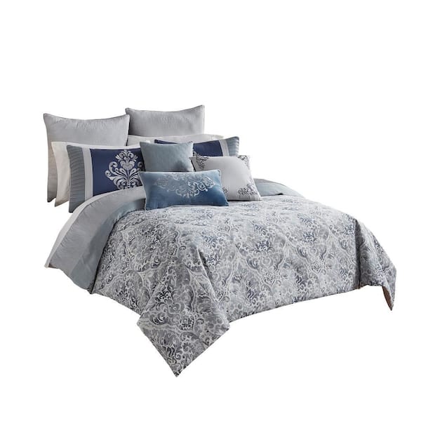 Benjara 9-Piece Blue and Gray Damask Polyester Queen Comforter Set