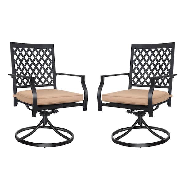 Unbranded Metal Black 35 in. Swivel Outdoor Patio Dining Chair with Beige Cushions (2-Pack)