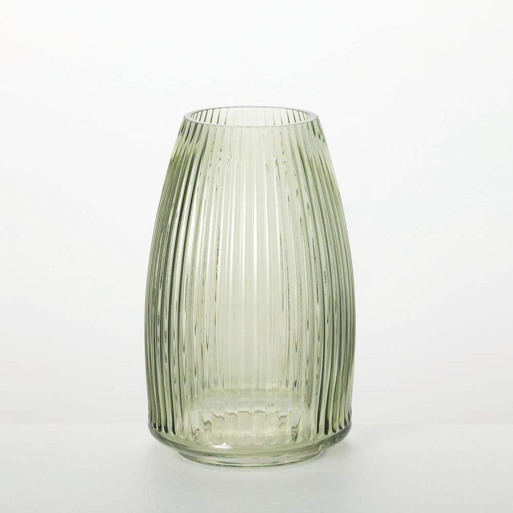 Green Ribbed Glass Vase for Table Centerpieces