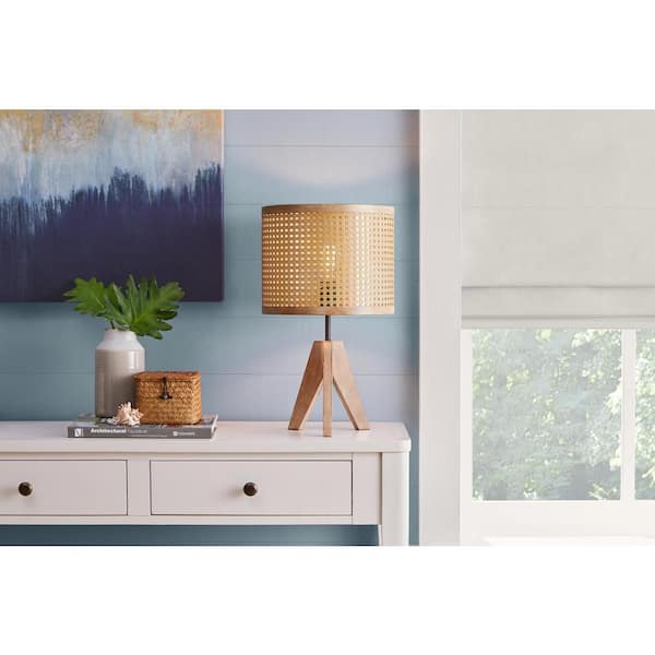 Beau 20.25 in. Matte Black and Faux Wood 1-Light Table Lamp with Natural Wood Finish Shade