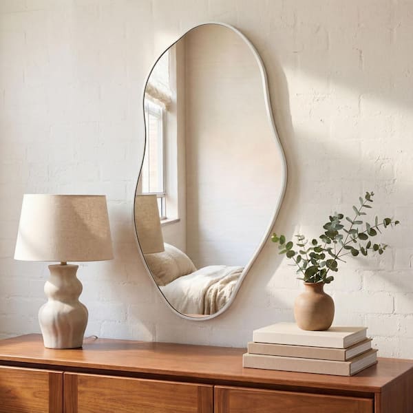 Everly 20 in. W x 42 in. H Large Irregular Framed Decorative Wall Mirror, White