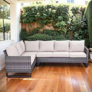 Valenta Gray Wicker Outdoor Sectional with Beige Cushions