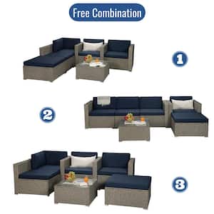 Gray 6-Piece Wicker Patio Conversation Sectional Seating Set with Navy Cushions