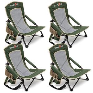 Outdoor Metal Frame Green Folding Beach Chair with Side Pocket (Set of 4)