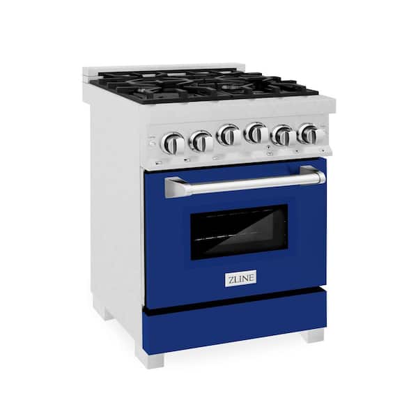 ZLINE Kitchen and Bath 24 in. 4 Burner Single Oven Gas Range with Blue Gloss Door in Fingerprint Resistant Stainless Steel